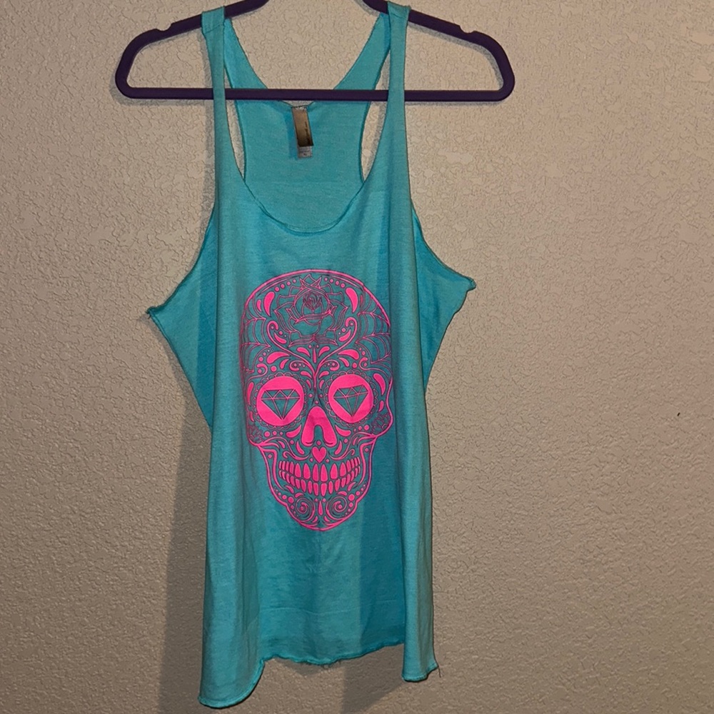 Teal and Pink Day of the Dead Skull Tank Top - size XL